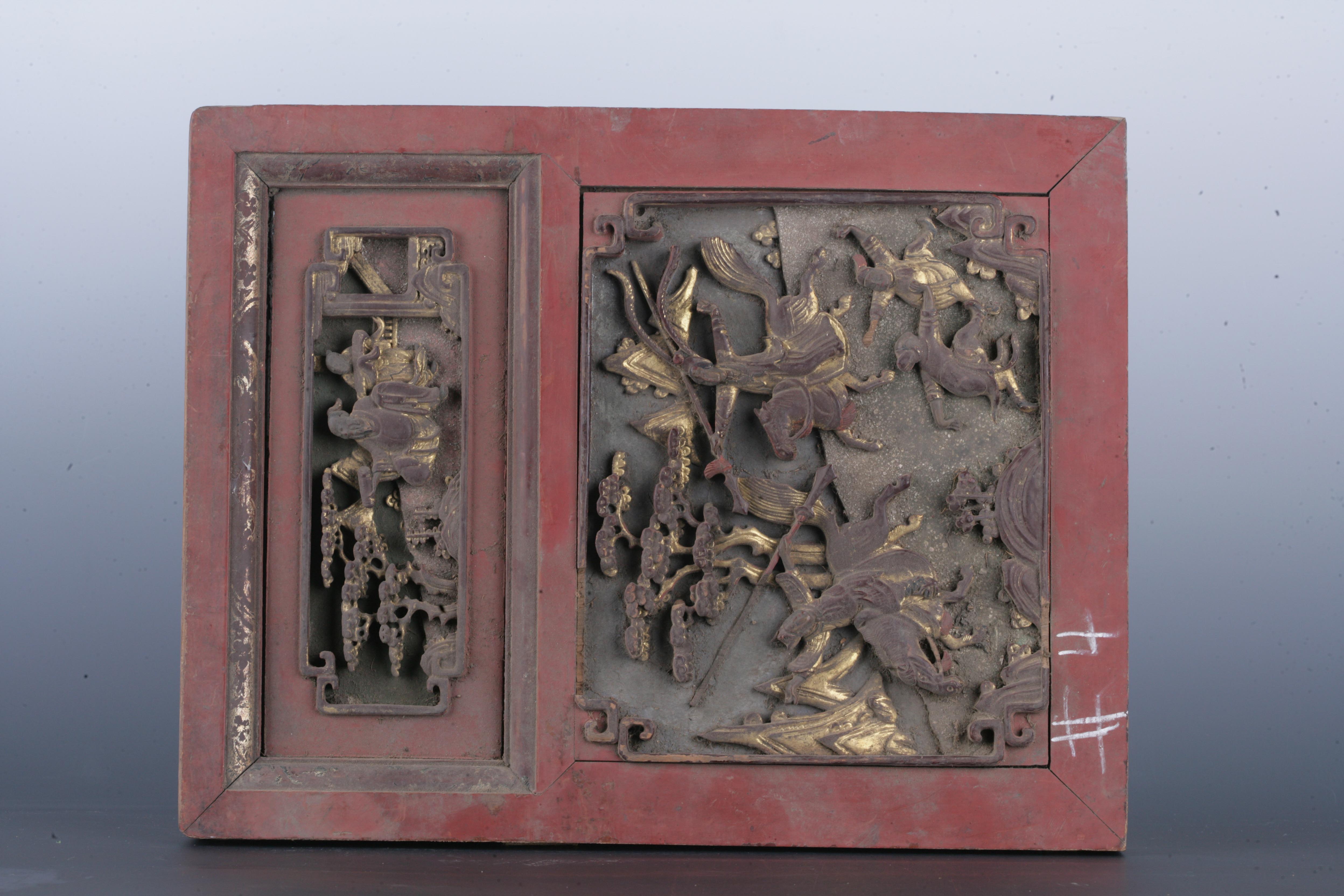 清金漆木浮雕戏剧人物纹花板-9